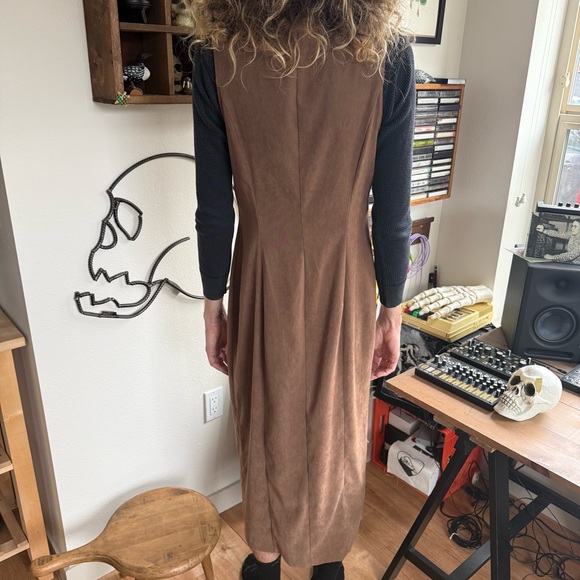 Vintage 90s Brown Lined Pinafore Midi Dress w Grommet Straps ~ Size Small - Picture 3 of 8